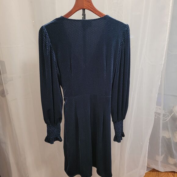 FRNCH Paris Bakhta Dress Teal Velvet Wrap Geometric Texture Puff Sleeve M - Picture 3 of 10